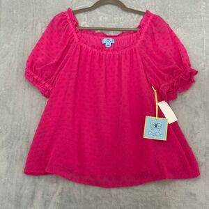 CeCe Bright Rose Swiss Dot Puff Sleeve Blouse (NWT, Size L)